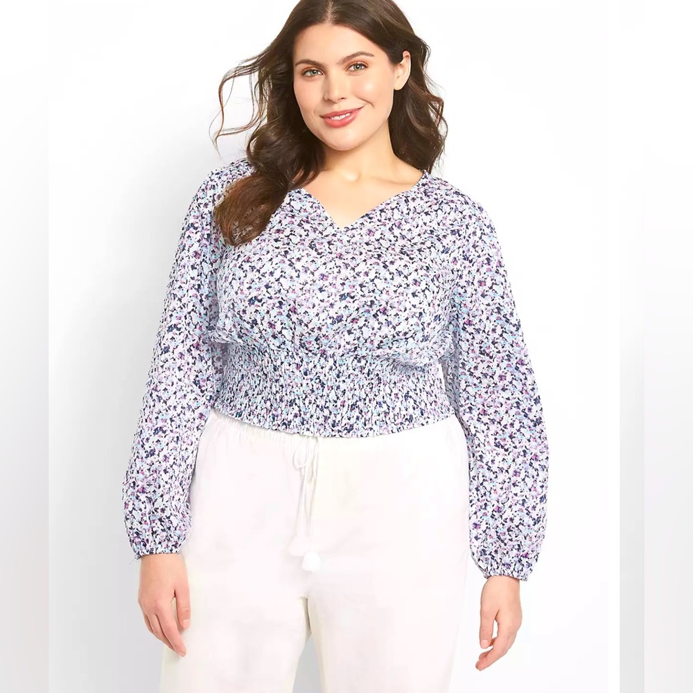Lane Bryant Fitted V-Neck Cropped Blouse Color-Sedona Plaid Smocked Wais…